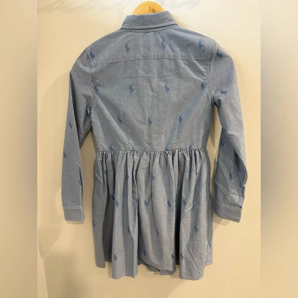 Ralph Lauren Blue Button-Down Shirt Dress with Pony Embroidery